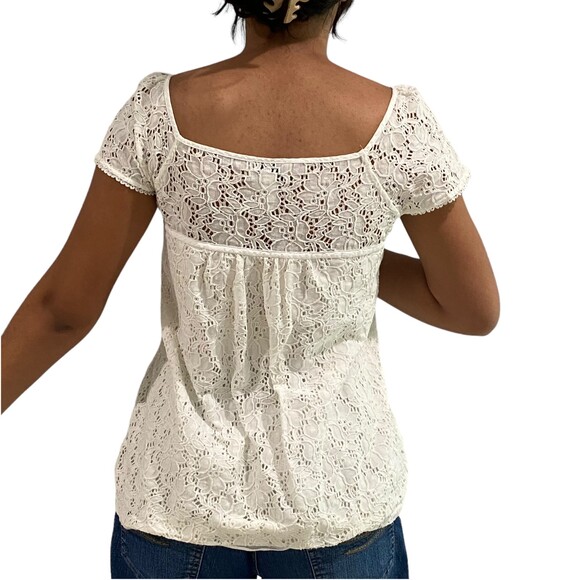 Ann Taylor Loft Ivory Top Shirt Crochet Cotton Blouse Short Sleeve Medium - Picture 3 of 7